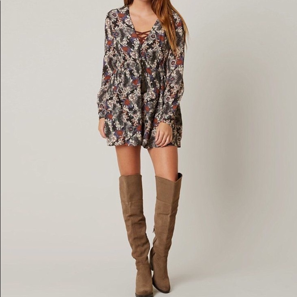 Free People Floral Long Sleeve Mini Dress in Brown and Cream